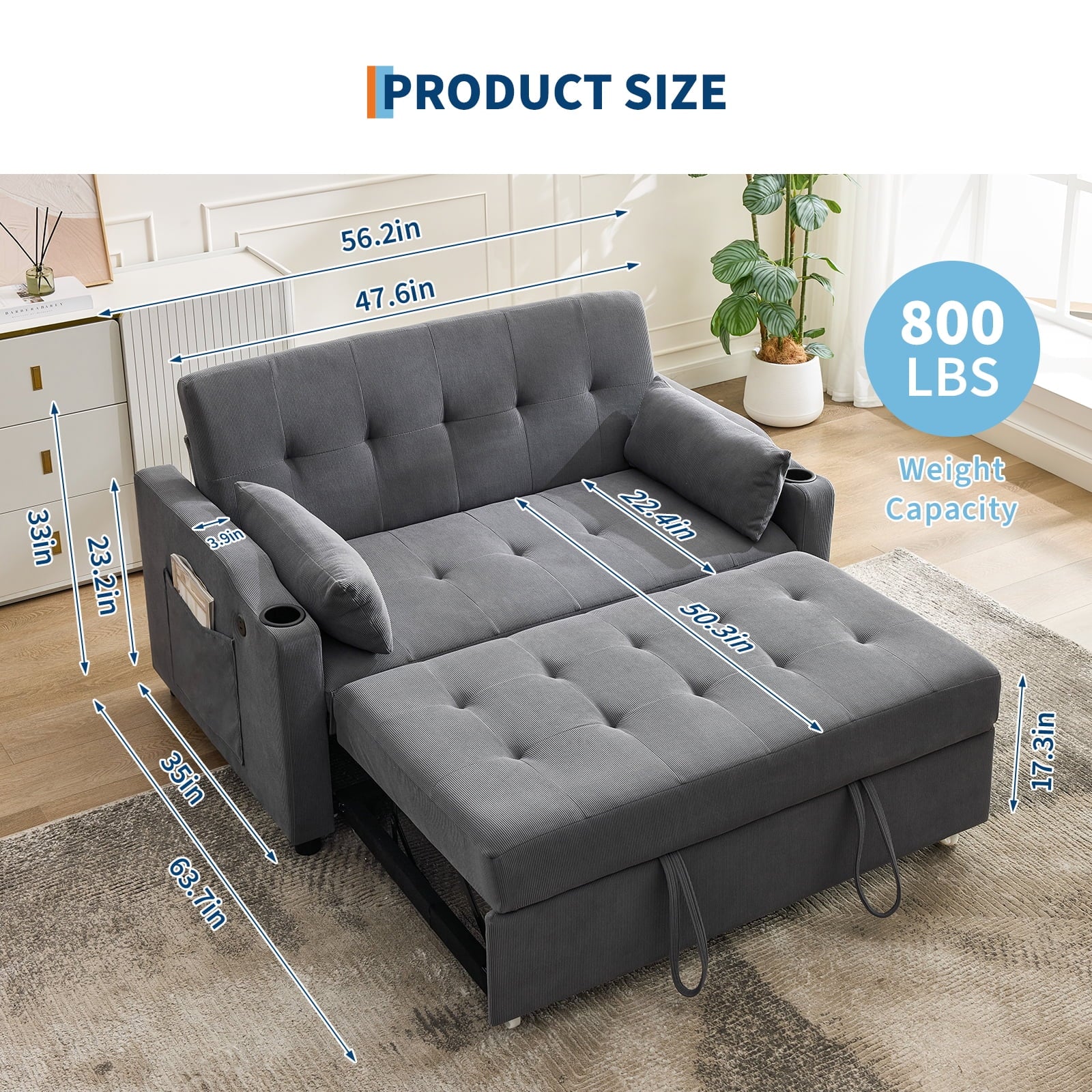 3 in 1 Convertible Sleeper Sofa Bed, Corduroy Futon Couches with Pull-Out Bed, Adjustable Backrest, Charging Port & Side Pockets, Modern Upholstered Sofa for Living Room, Guest Room