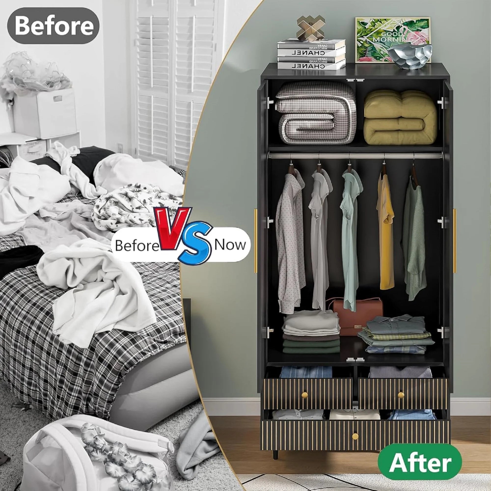 Armoire Wardrobe Closet with 2 Doors, Wardrobe Cabinet with Hanging Rod and Drawers, Wooden Closet for Bedroom, White