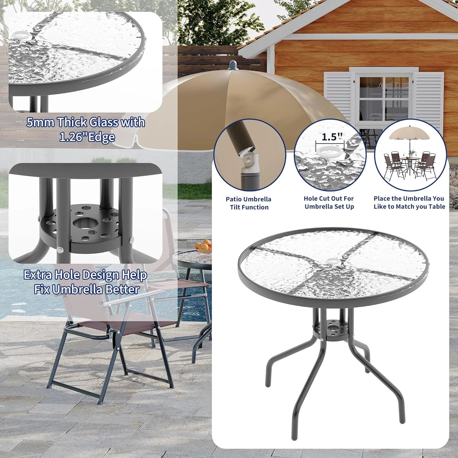 6 Pieces Outdoor Dining Set With Umbrella, Patio Table and 4 Folding Chairs With Umbrella, Garden Patio Furniture Set With Umbrellas, Tempered Glass Top Dining Table