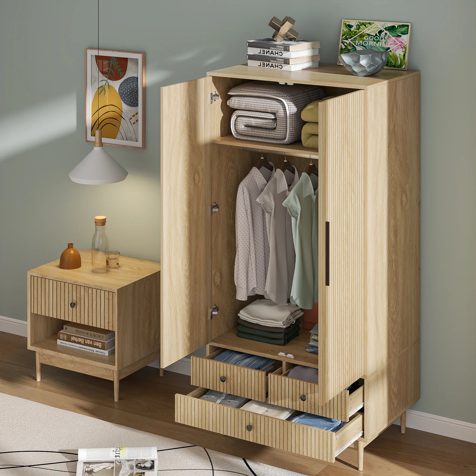 Armoire Wardrobe Closet with 2 Doors, Wardrobe Cabinet with Hanging Rod and Drawers, Wooden Closet for Bedroom, White