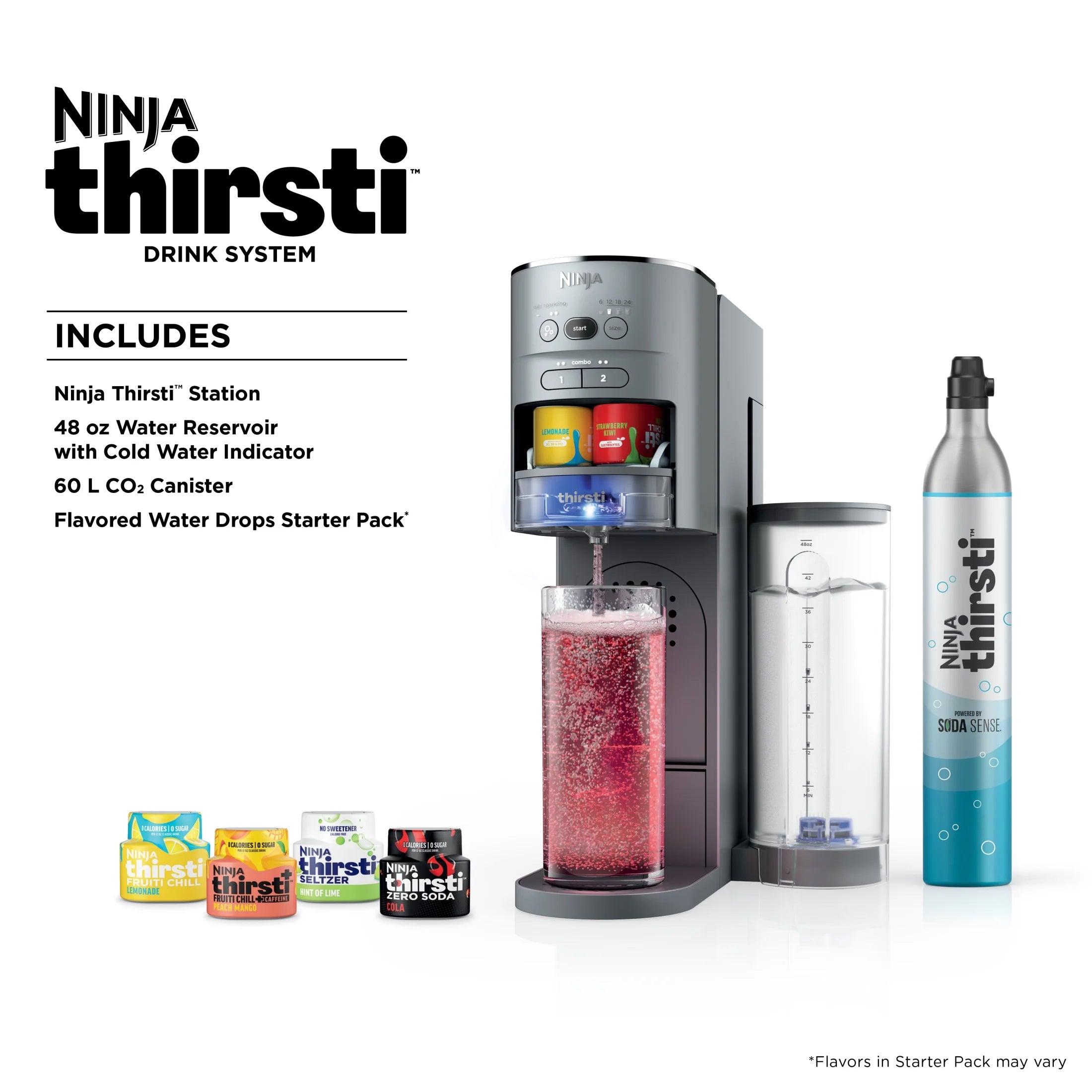 Ninja Thirsti Drink Maker, Still, Sparkling Custom Drink Kit, with CO2 Canister, Flavors, and 48 oz Reservoir
