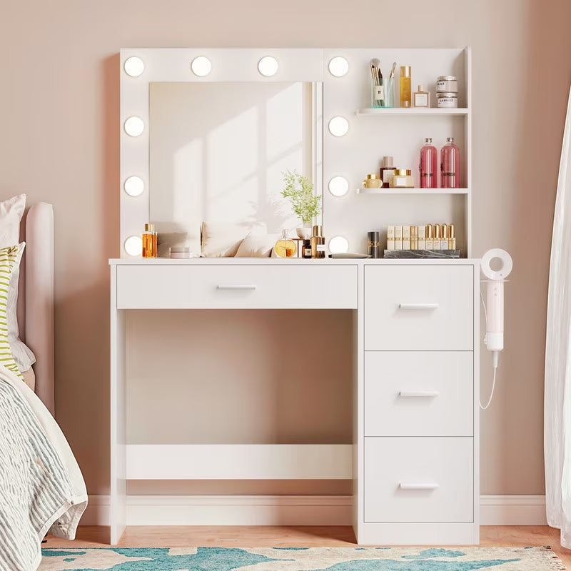 Lacoo Vanity Desk with Mirror and LED Lights, Makeup Vanity with 7 Drawers & 4 Shelves, Vanity Table with Power Outlet for Bedroom Dressing Room, White