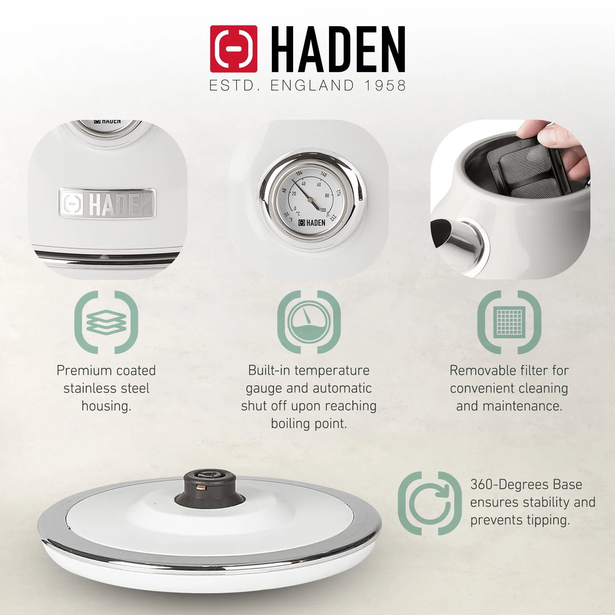 Haden Dorset 1.7 Liter Electric Water Kettle with Base, Putty & Chrome