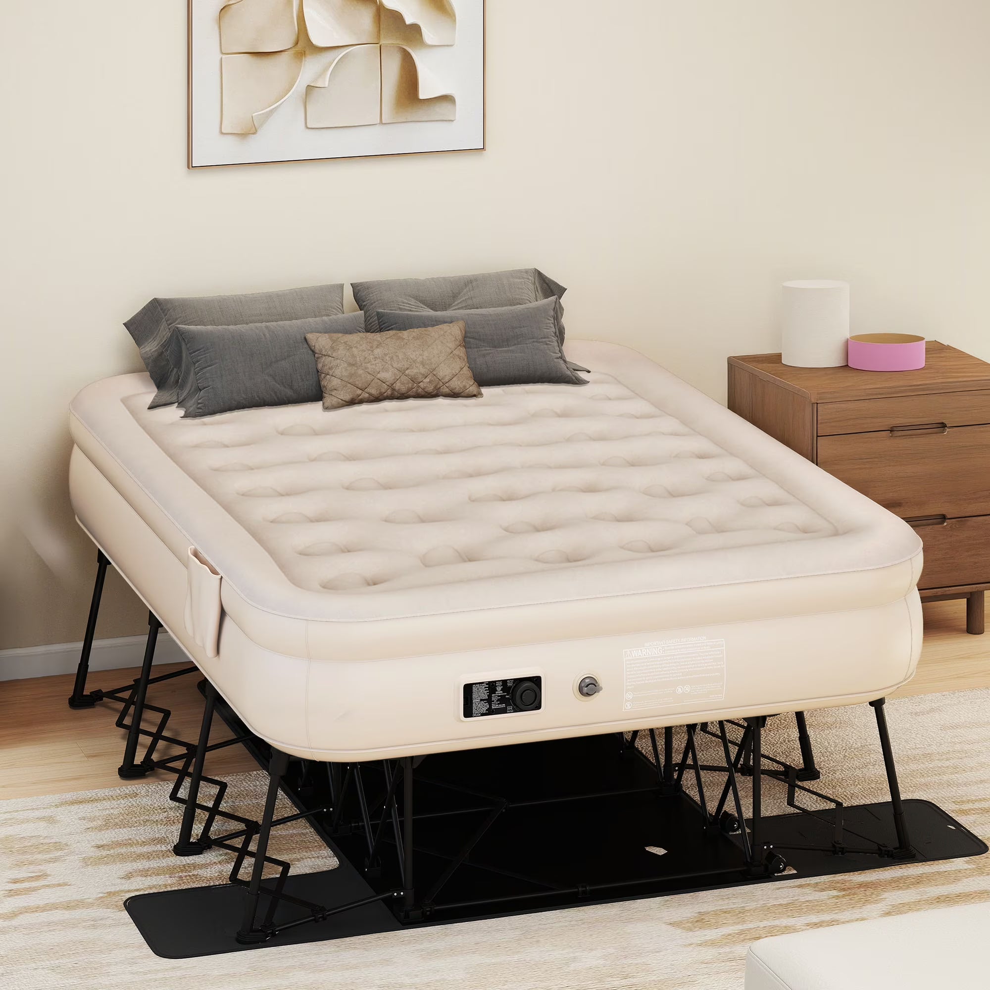 Inflatable Queen Air Mattress with Built-in Pump, Frame, Velvet Surface & Portable Storage Case, Khaki