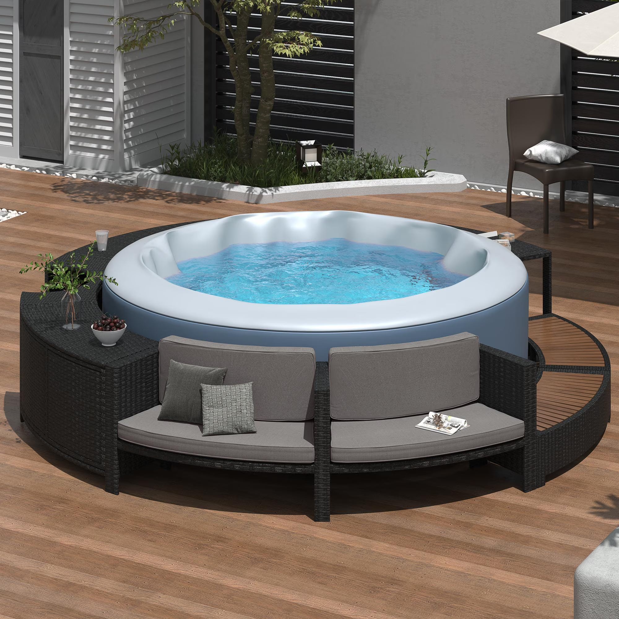Round Hot Tub Surround Furniture, Spa Surround Outdoor Rattan Sectional Sofa Set with Mini Sofa, Solid Acacia Wood Hot Tub Storage Surround Patio Furniture Set, Gray Cushion