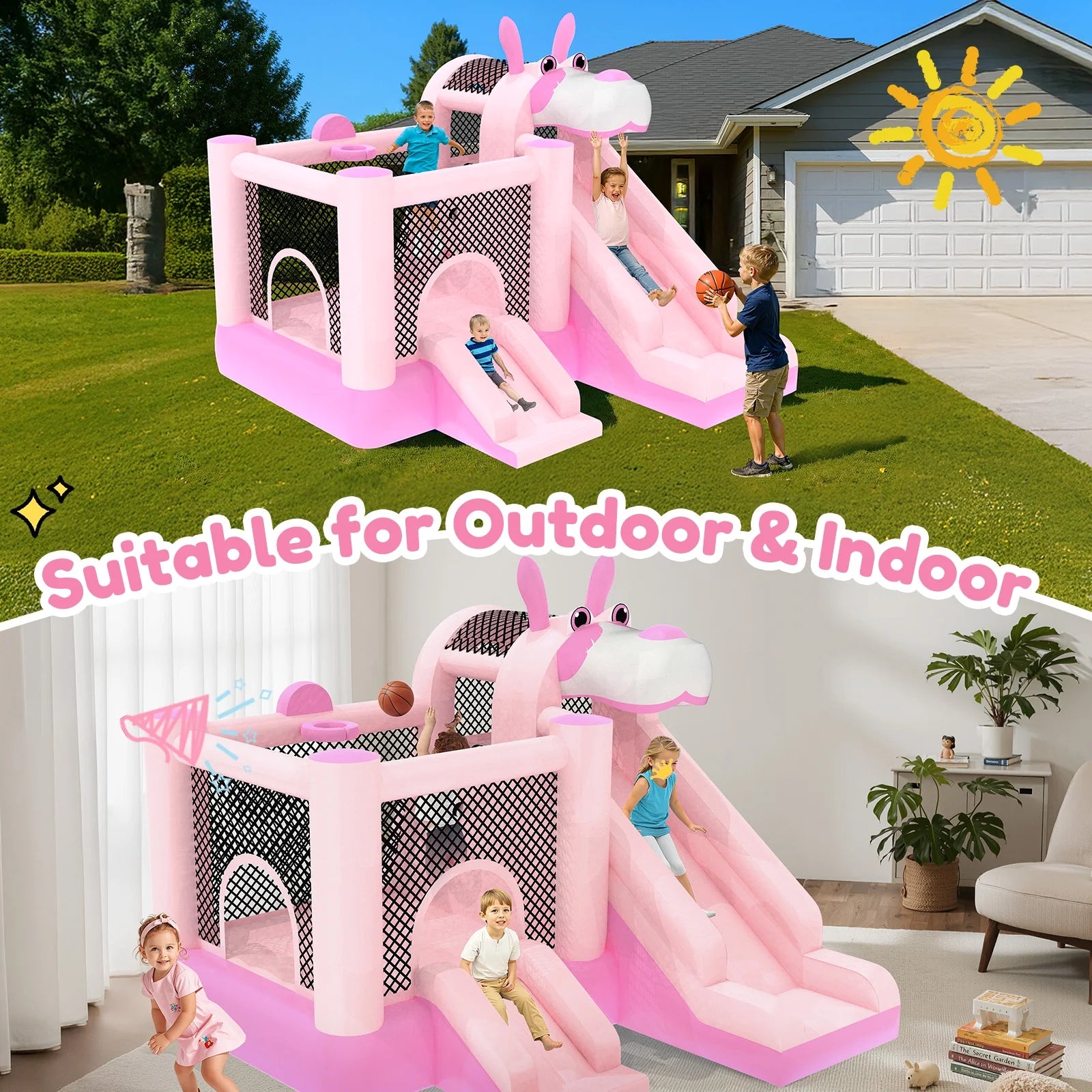 Mukidy 114''x 114'' x 92.5'' Inflatable Bounce Houses for Kids 3-10 with Blower Double Slide and Ball Pit/Indoor Bouncy House, PVC, Child, Teen, Toddler��Blue