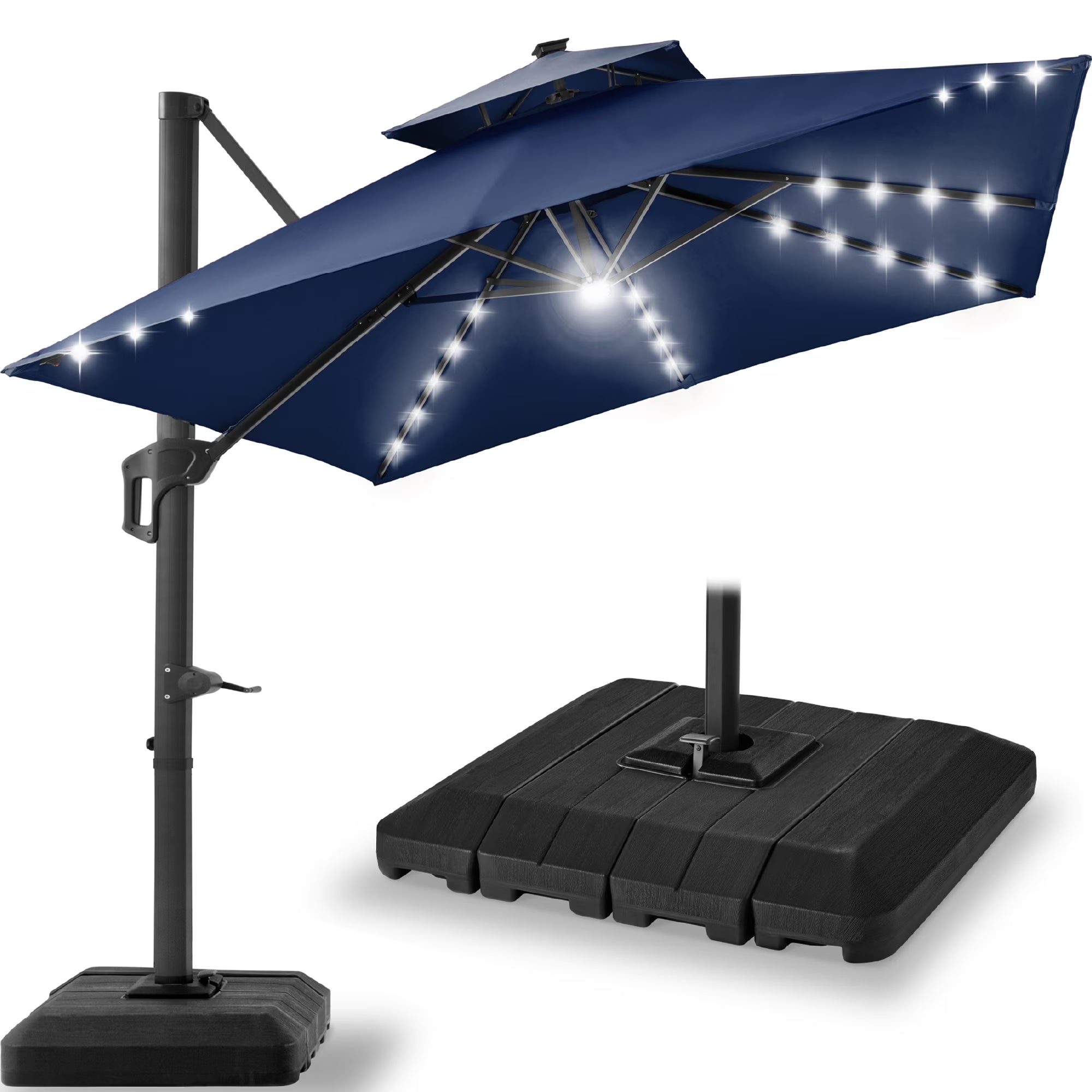 12x12ft 2-Tier Square Outdoor Solar LED Cantilever Umbrella w/ 360-Rotating Base Navy Blue