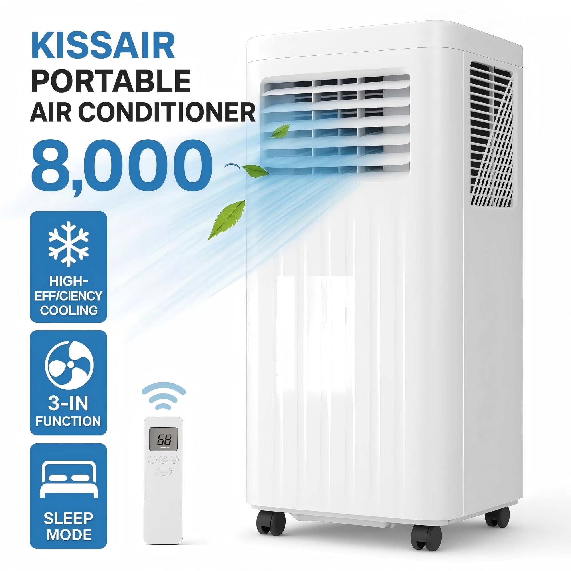 Portable Air Conditioner 8000 BTU Ashrae, 3-in-1 Portable AC, Dehumidifier & Fan with 24-Hour Timer/Remote Control/Windows Kit (White)