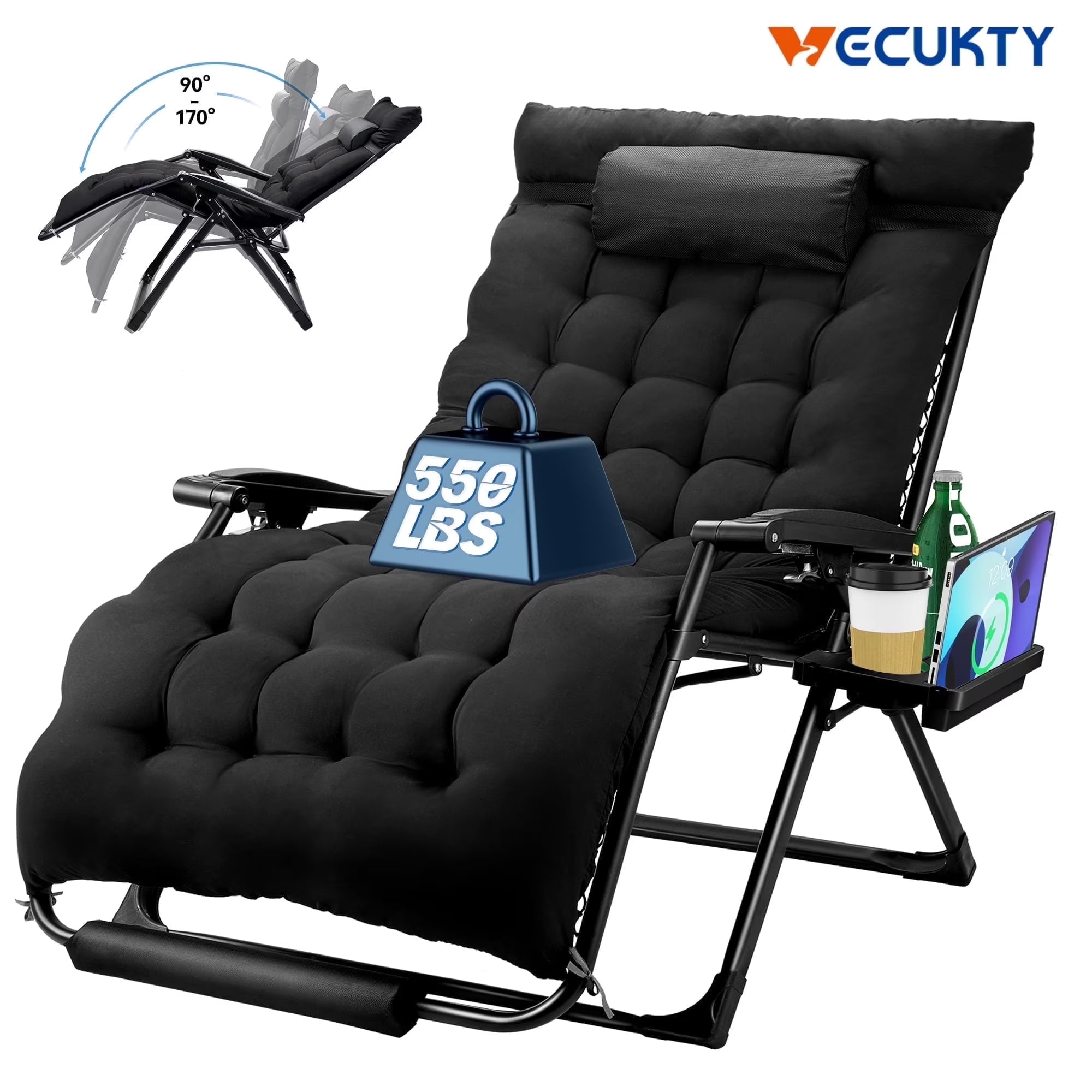 XXL Oversize Zero Gravity Chair - 500lb Capacity, 33-Inch Wide Padded Seat, Folding Travel Recliner for Outdoor / Indoor Use - Patio, Lawn, Black, Portable and Heavy Duty