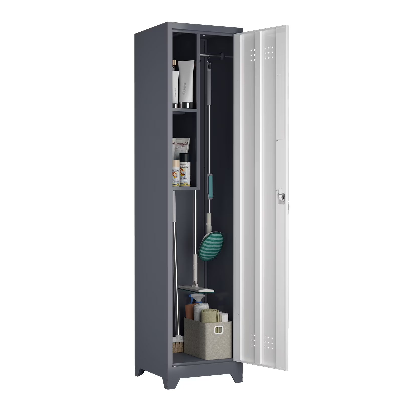 Marcree Slim Broom Storage Cabinet, Metal Cabinet with Shelves and Hanging Rod, 65" Utility Storage Cabinet with Locking Door, Tall Cleaning Storage Cabinet for Kitchen, Pantry, Office, Shop, Garage