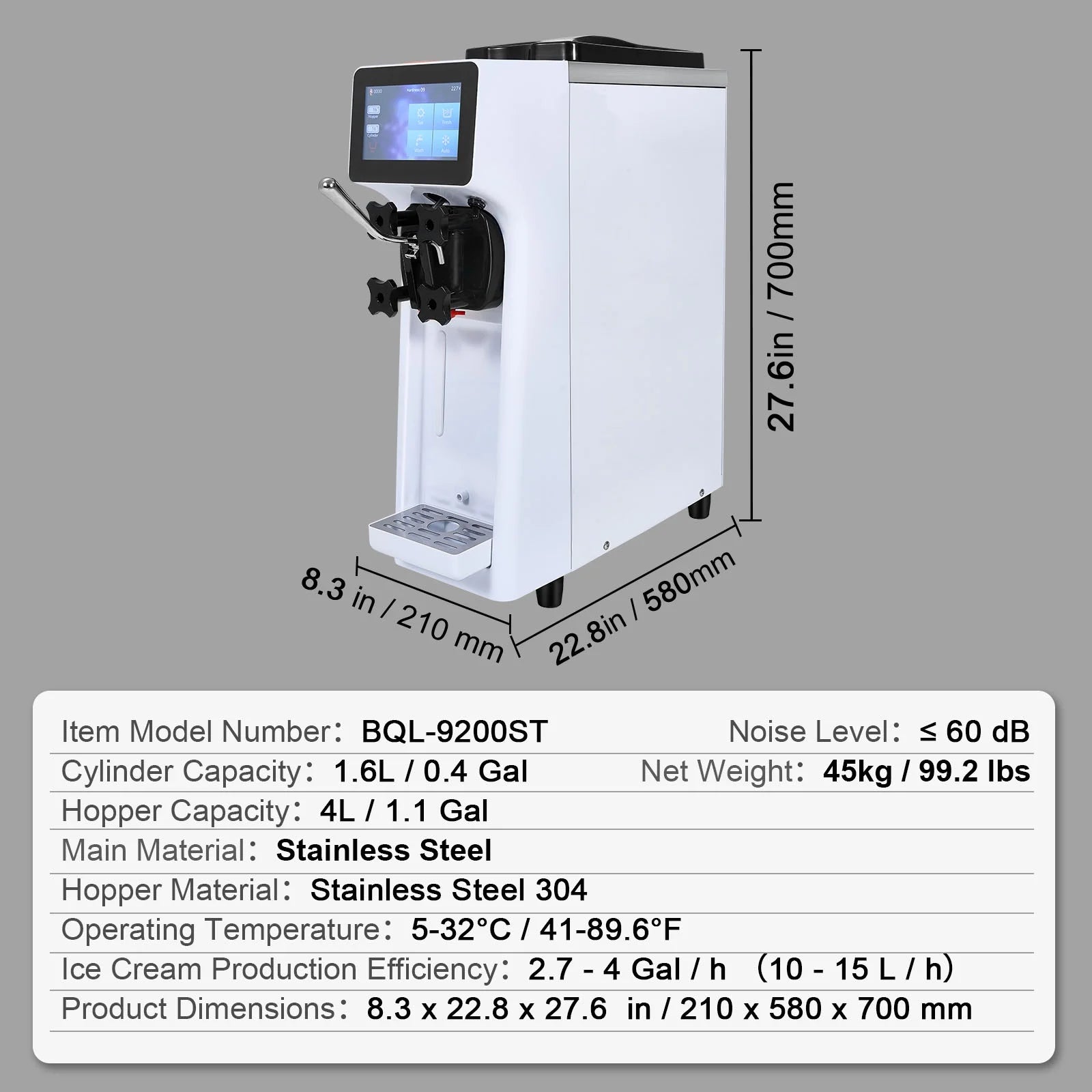 KFFKFF Commercial Ice Cream Machine 2.7-4gal/10-15L/H 4L Hopper Single Flavor Countertop Soft Serve Ice Cream Maker Auto Clean Pre-Cooling