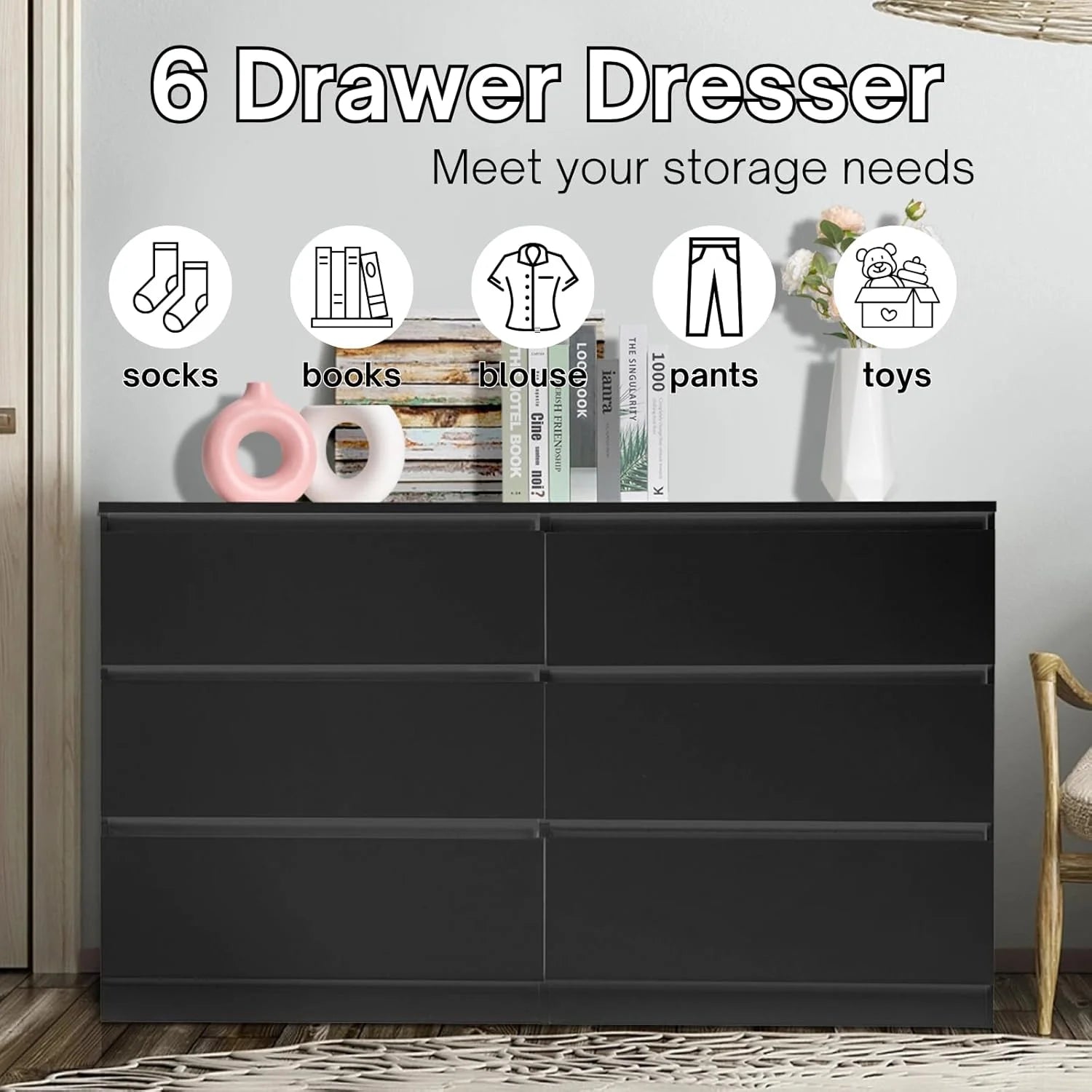 Ktaxon 6 Drawer Double Dresser Wood Dresser Storage Cabinet Drawer Organizer Chest Of Drawers, White