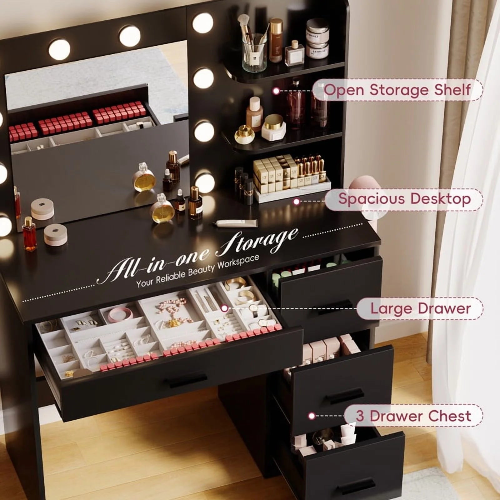 Lacoo Vanity Desk with Mirror and LED Lights, Makeup Vanity with 7 Drawers & 4 Shelves, Vanity Table with Power Outlet for Bedroom Dressing Room, White