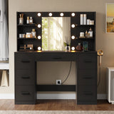 Lacoo Vanity Desk with Mirror and LED Lights, Makeup Vanity with 7 Drawers & 4 Shelves, Vanity Table with Power Outlet for Bedroom Dressing Room, White