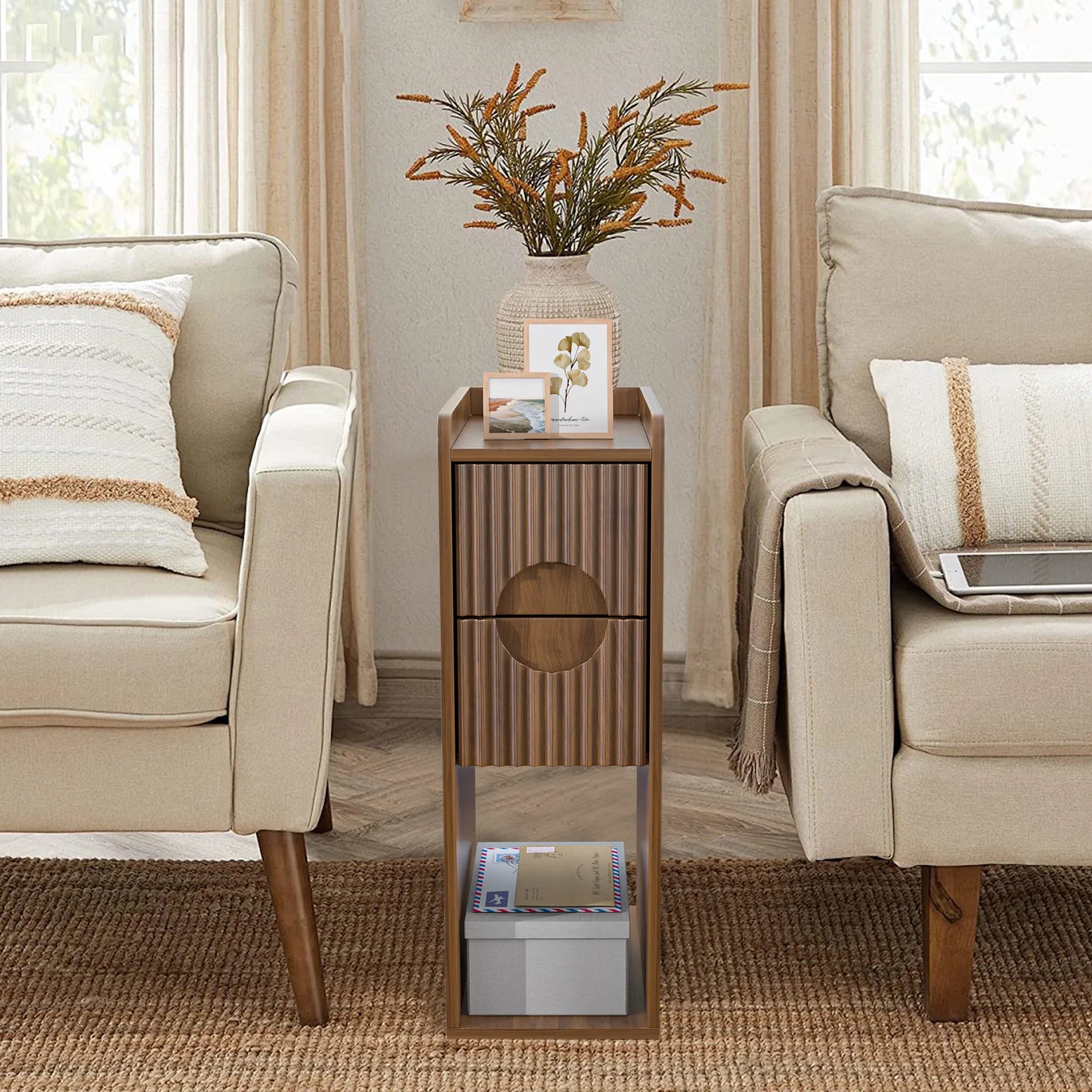 Narrow Nightstand Set of 2 with Drawers, Fluted Slim Side End Table with Storage for Small Spaces
