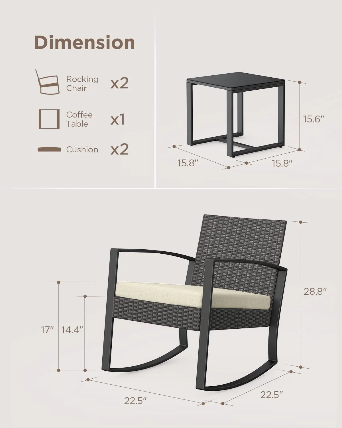 3 Pieces Wicker Patio Set Outdoor Chair Set with Glass Table Rattan Chair Modern Bistro Set for Porches and Patios, Grey Cushion