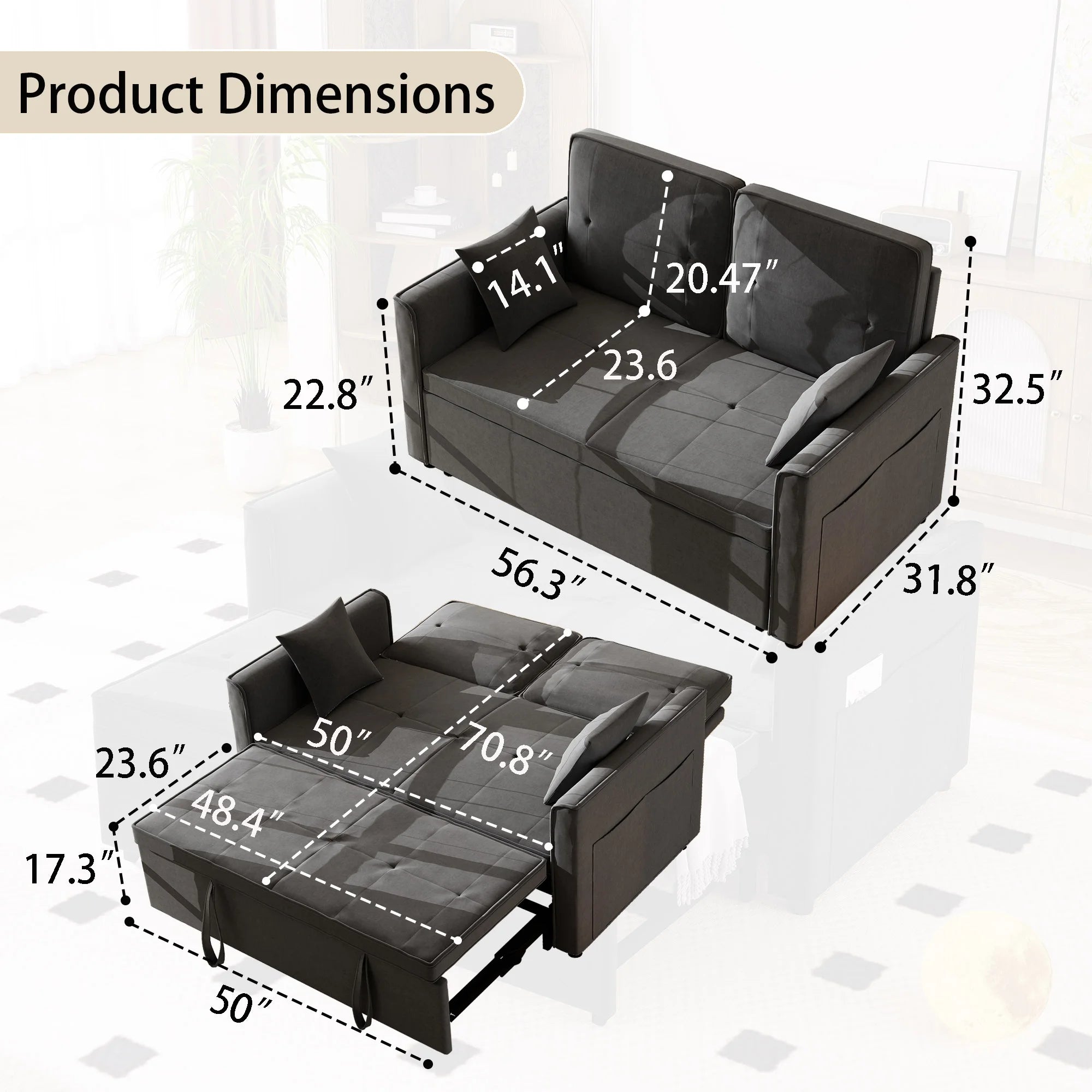 Convertible Sofa Bed,3-in-1 Sleeper Sofa with Pull Out Bed,Velvet Highly Elastic Sponge Futon Couch Loveseat with Adjustable Backrest and 2 Pillows for Living Room,Gray