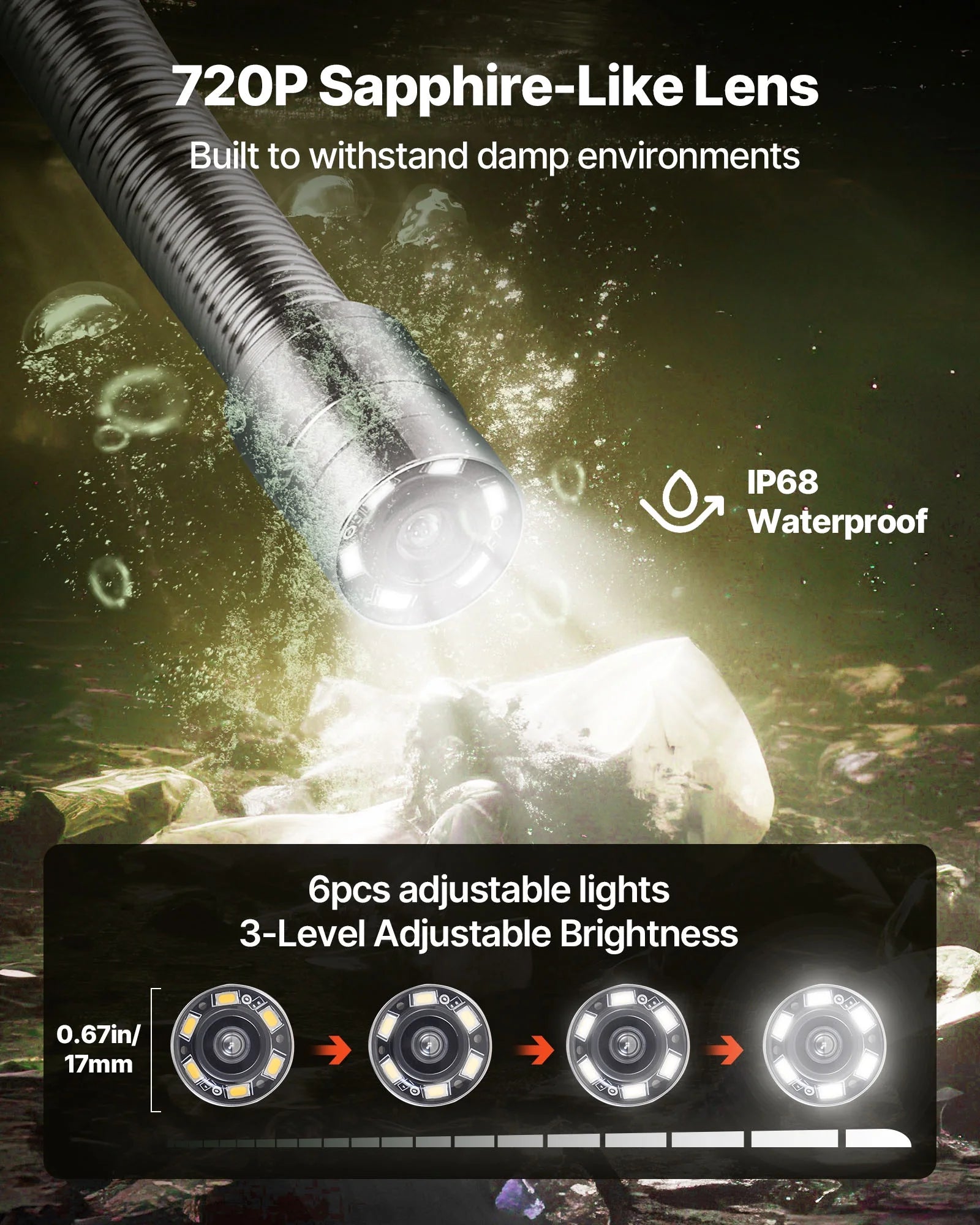 VEVOR Sewer Camera, 98 ft/30m, 4.3" Drain Inspection Camera, IP68 Waterproof Snake Plumbing Camera with Lights - 6 Adjustable LEDs, 4500mAh Battery & 16GB Card for Sewer Line Duct Pipes