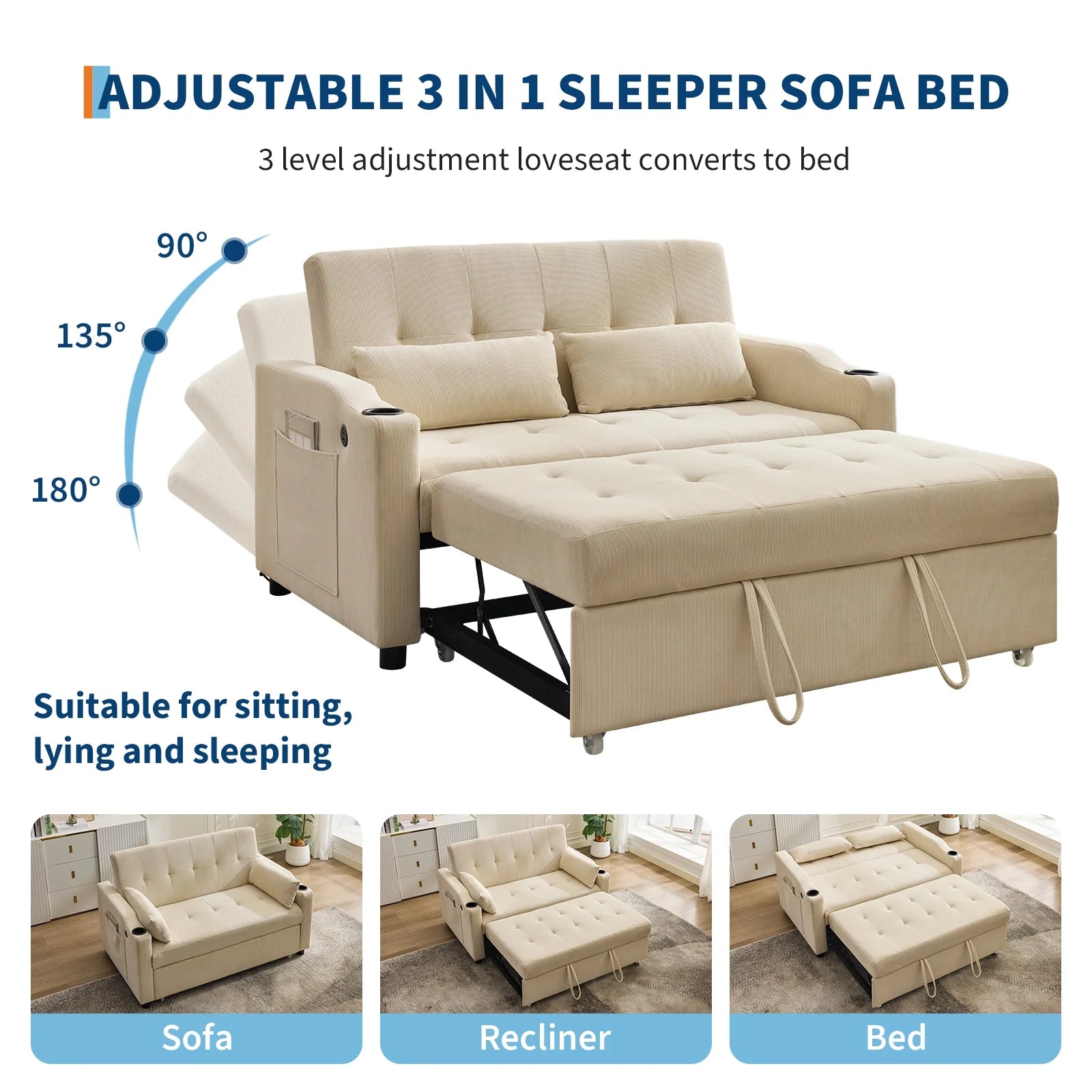 3 in 1 Convertible Sleeper Sofa Bed, Corduroy Futon Couches with Pull-Out Bed, Adjustable Backrest, Charging Port & Side Pockets, Modern Upholstered Sofa for Living Room, Guest Room