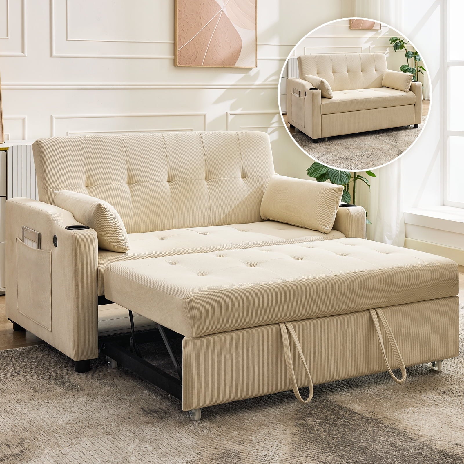 3 in 1 Convertible Sleeper Sofa Bed, Corduroy Futon Couches with Pull-Out Bed, Adjustable Backrest, Charging Port & Side Pockets, Modern Upholstered Sofa for Living Room, Guest Room