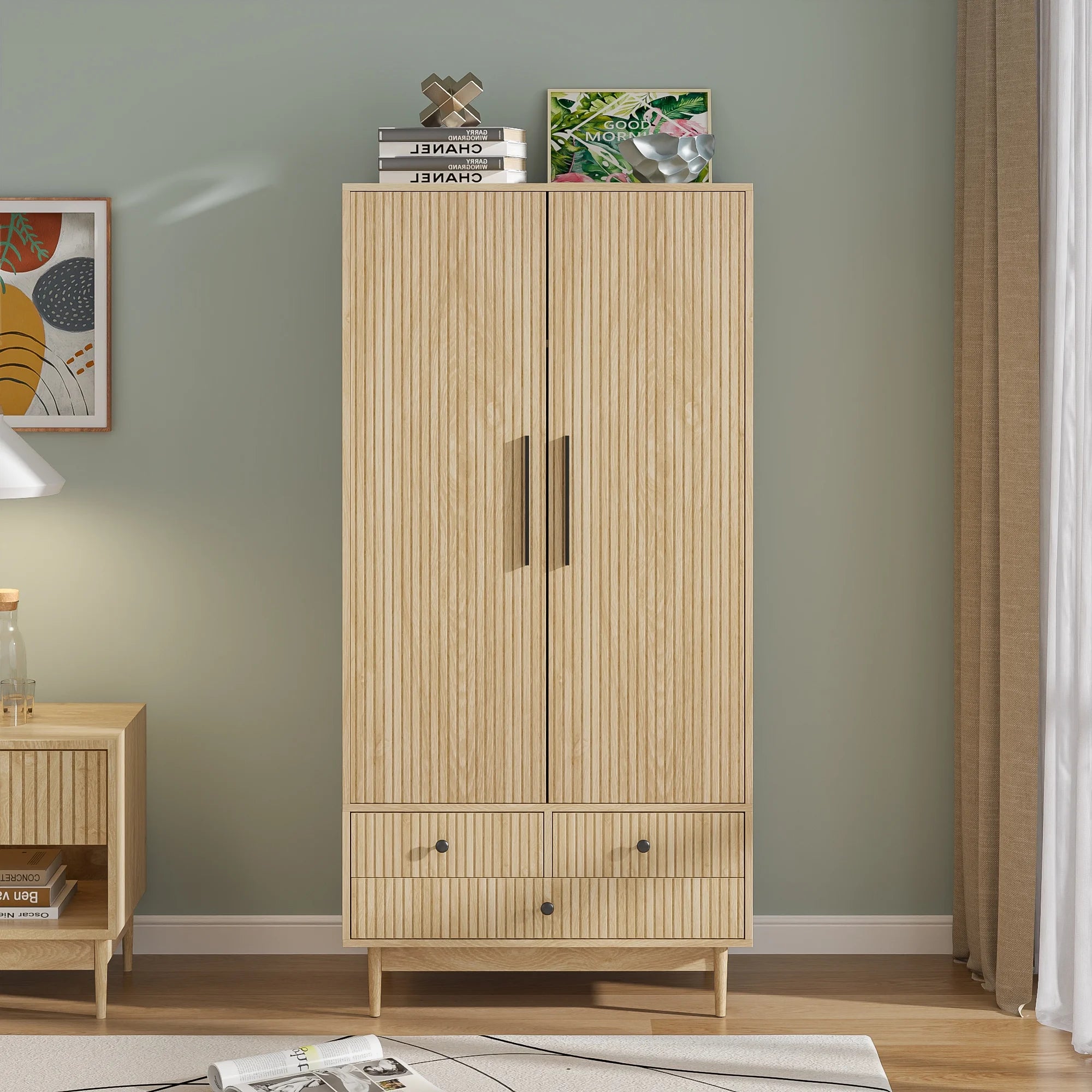 Armoire Wardrobe Closet with 2 Doors, Wardrobe Cabinet with Hanging Rod and Drawers, Wooden Closet for Bedroom, White