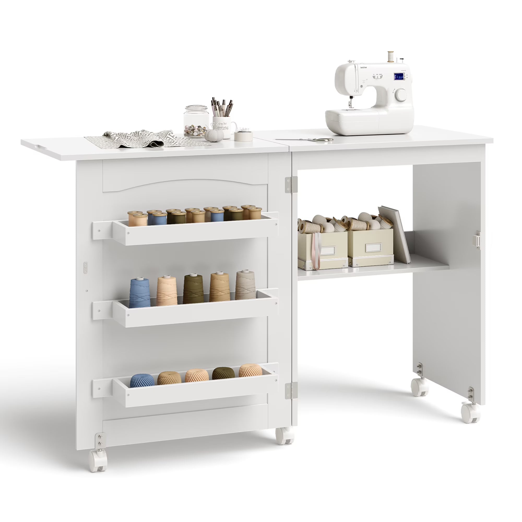 Costway Folding Sewing Table Rolling Craft Station with 3 Storage Bins & Charging Station White+natural
