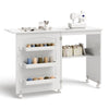 Costway Folding Sewing Table Rolling Craft Station with 3 Storage Bins & Charging Station White+natural
