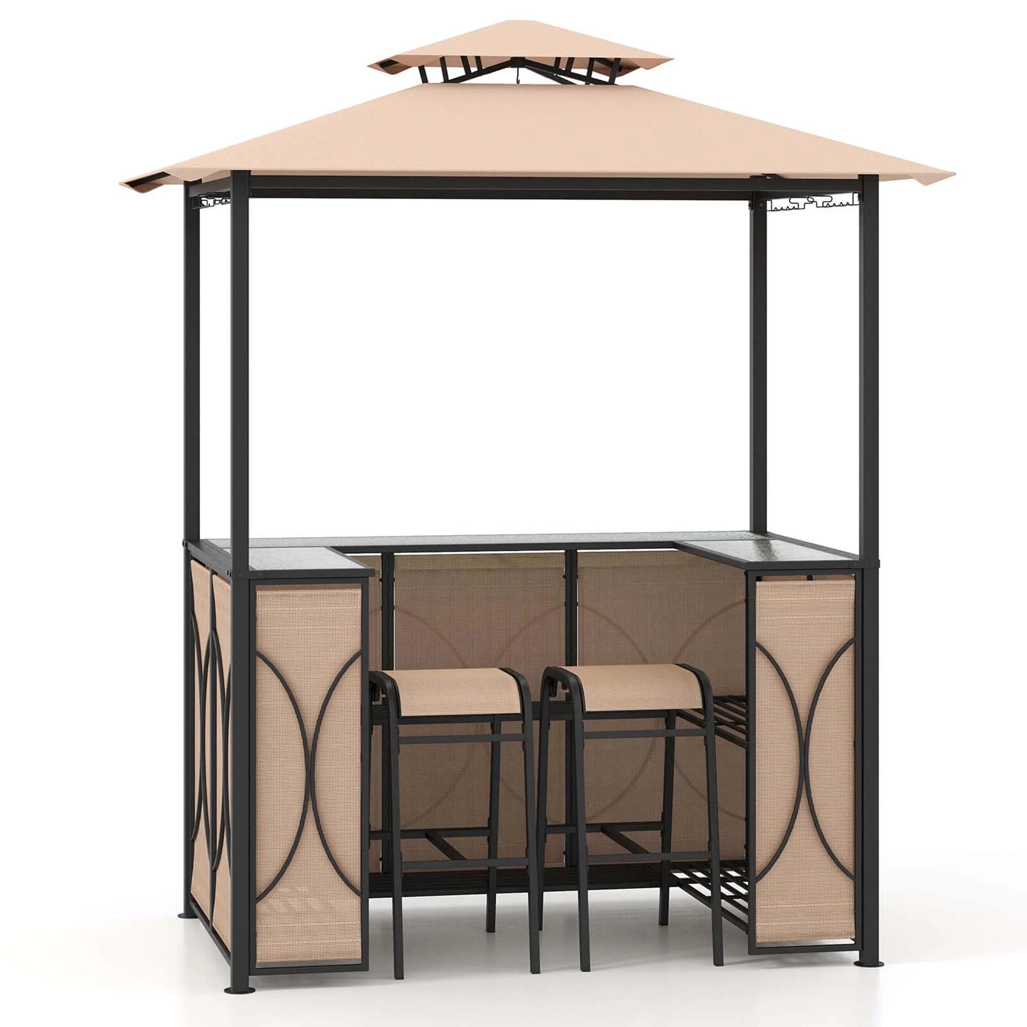 Costway 3 PCS Patio Bar Set with Tempered Glass Bar Table Metal Storage Shelves for Garden Grey