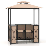 Costway 3 PCS Patio Bar Set with Tempered Glass Bar Table Metal Storage Shelves for Garden Grey