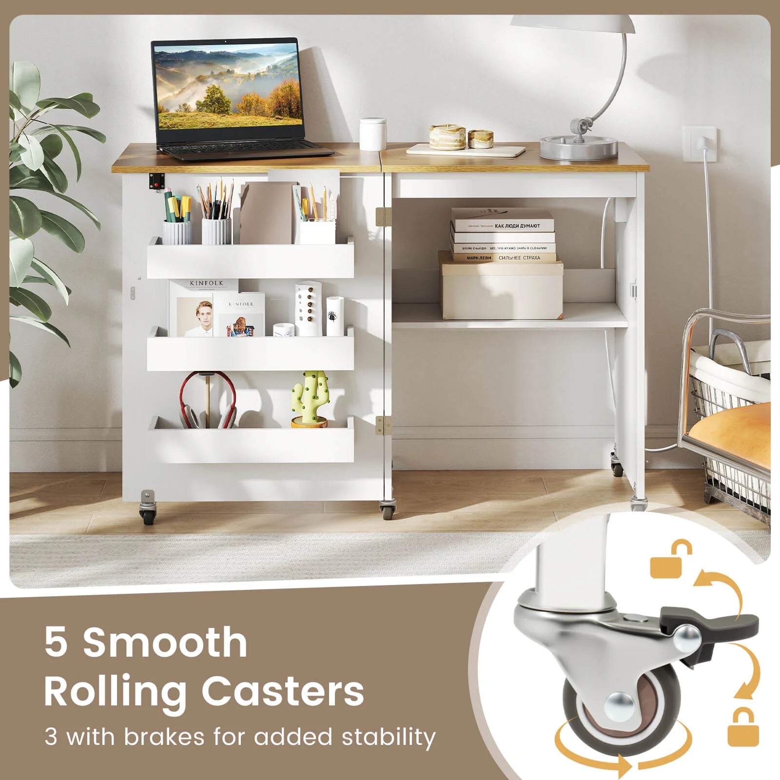 Costway Folding Sewing Table Rolling Craft Station with 3 Storage Bins & Charging Station White+natural