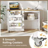 Costway Folding Sewing Table Rolling Craft Station with 3 Storage Bins & Charging Station White+natural