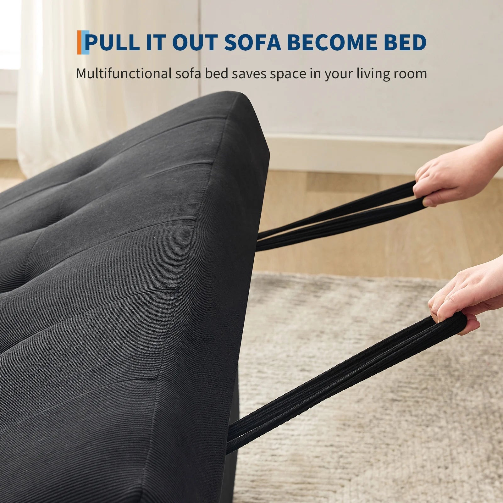 3 in 1 Convertible Sleeper Sofa Bed, Corduroy Futon Couches with Pull-Out Bed, Adjustable Backrest, Charging Port & Side Pockets, Modern Upholstered Sofa for Living Room, Guest Room
