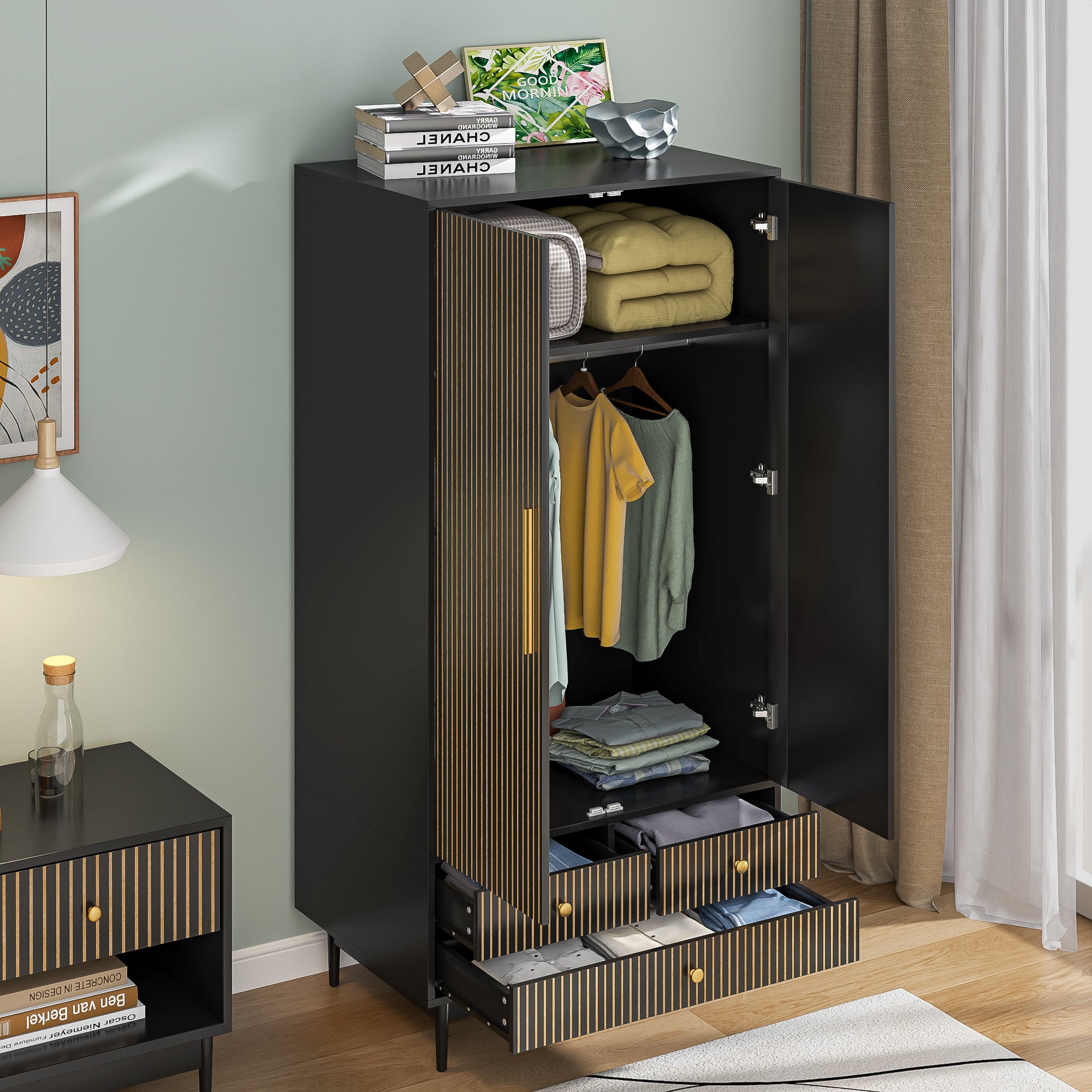 Armoire Wardrobe Closet with 2 Doors, Wardrobe Cabinet with Hanging Rod and Drawers, Wooden Closet for Bedroom, White