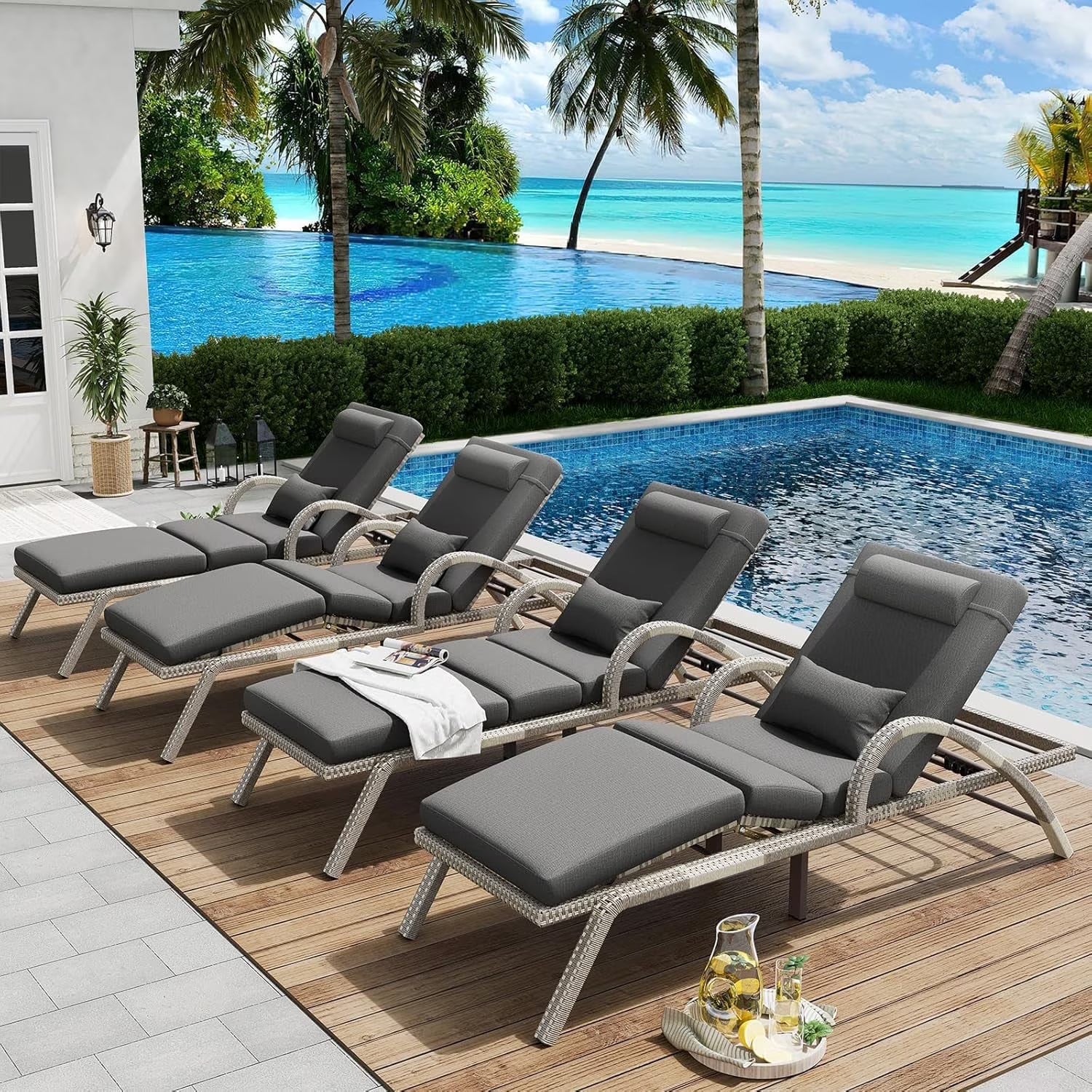 4-Piece Outdoor Lounge Chairs, Pool Chairs with Adjustable 5 Position Backrest, PE Rattan Chaise for Backyard Porch Deck (Gray)