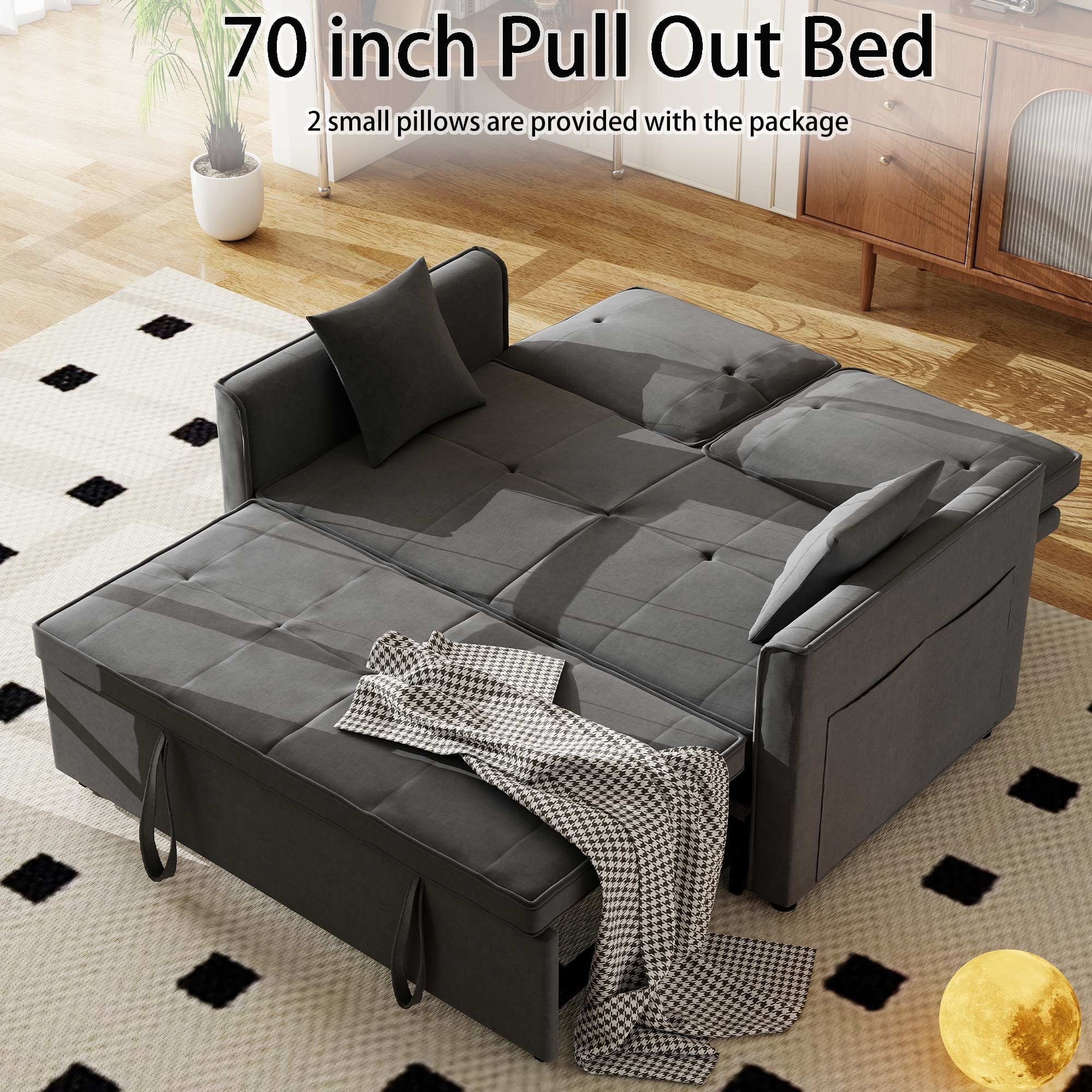 Convertible Sofa Bed,3-in-1 Sleeper Sofa with Pull Out Bed,Velvet Highly Elastic Sponge Futon Couch Loveseat with Adjustable Backrest and 2 Pillows for Living Room,Gray