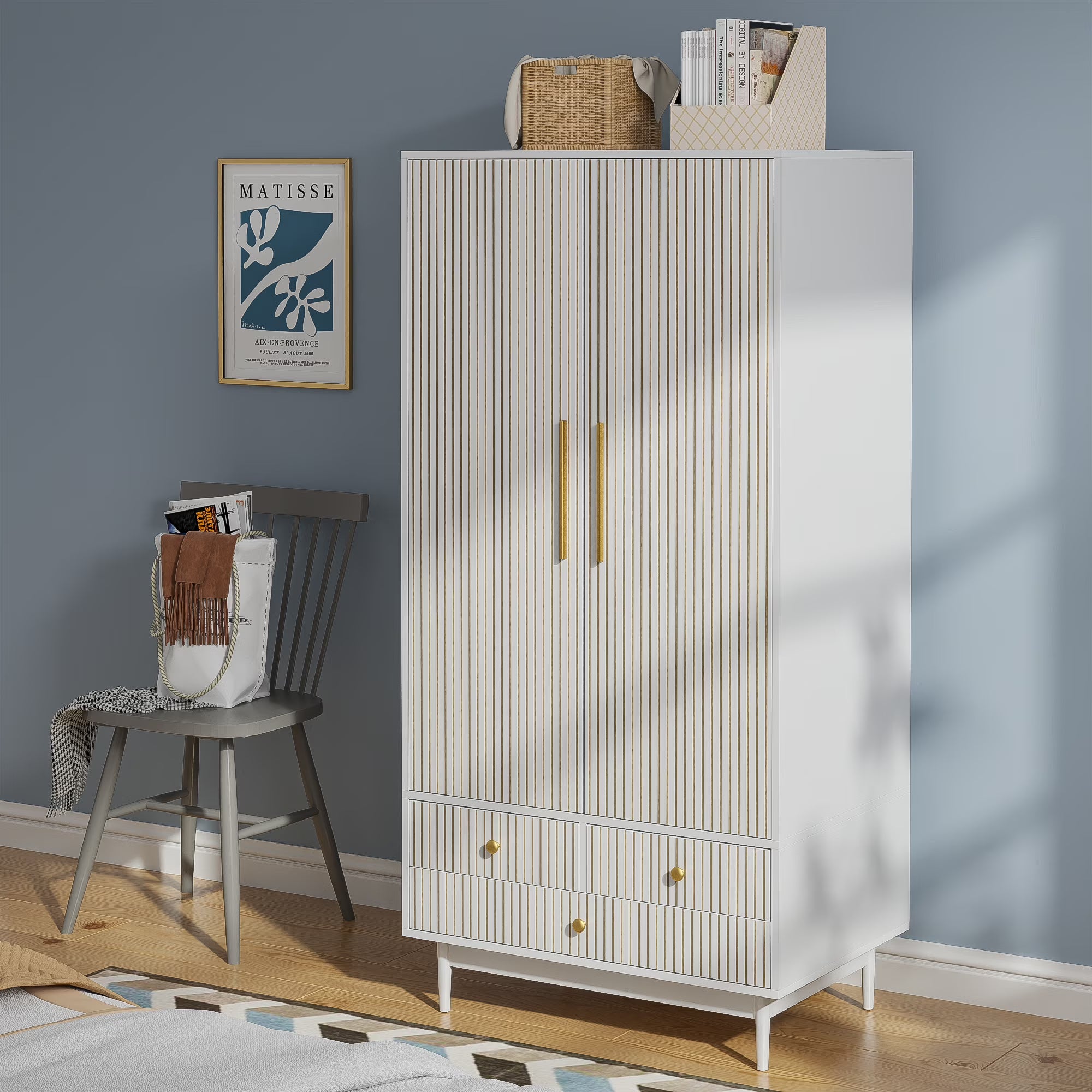 Armoire Wardrobe Closet, Closet Wardrobe Cabinet with Drawers and Hanging Rail for Bedroom, White