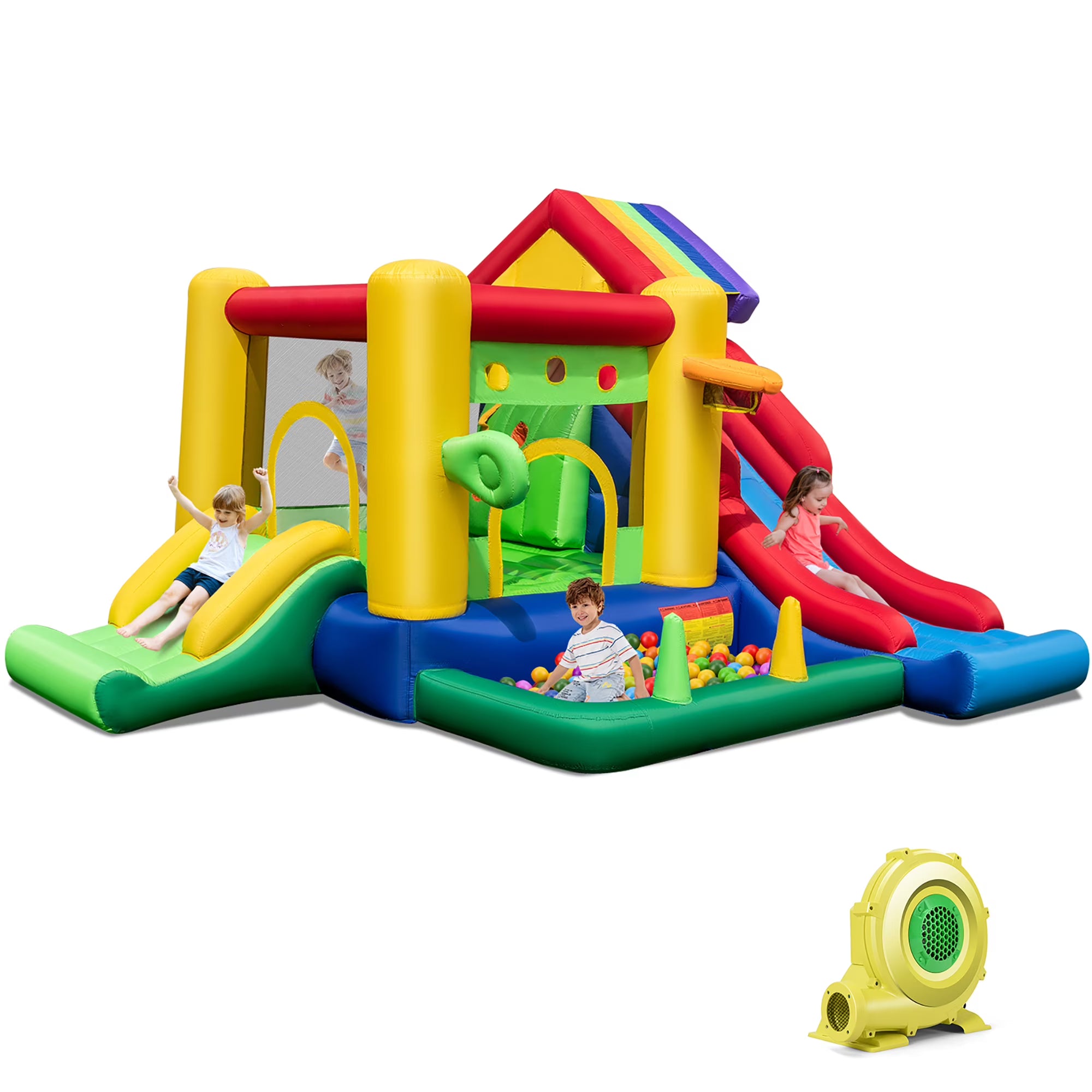 Colorful Rainbow Kids Inflatable Bounce Castle with 50 Ocean Balls & 735W Blower