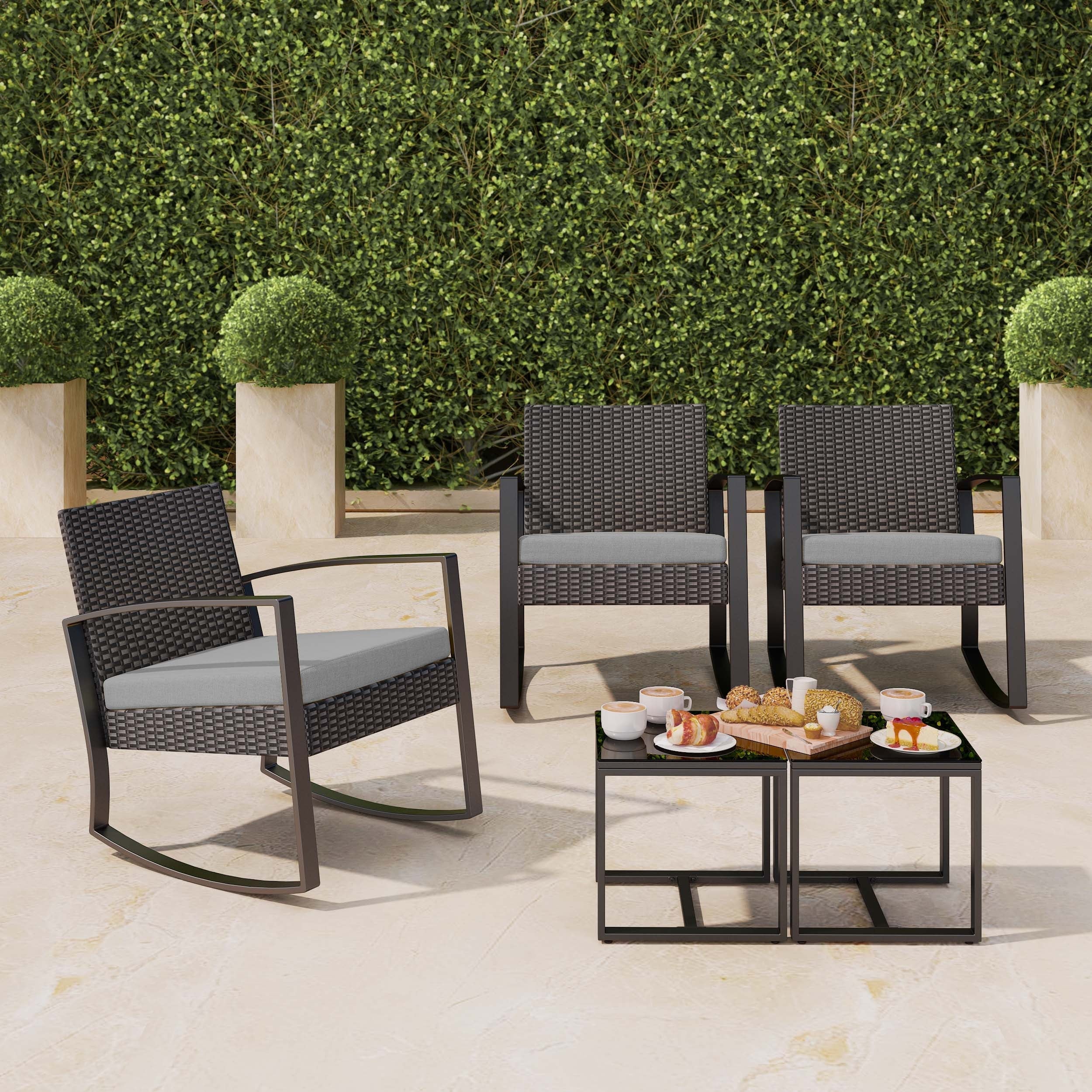3 Pieces Wicker Patio Set Outdoor Chair Set with Glass Table Rattan Chair Modern Bistro Set for Porches and Patios, Grey Cushion