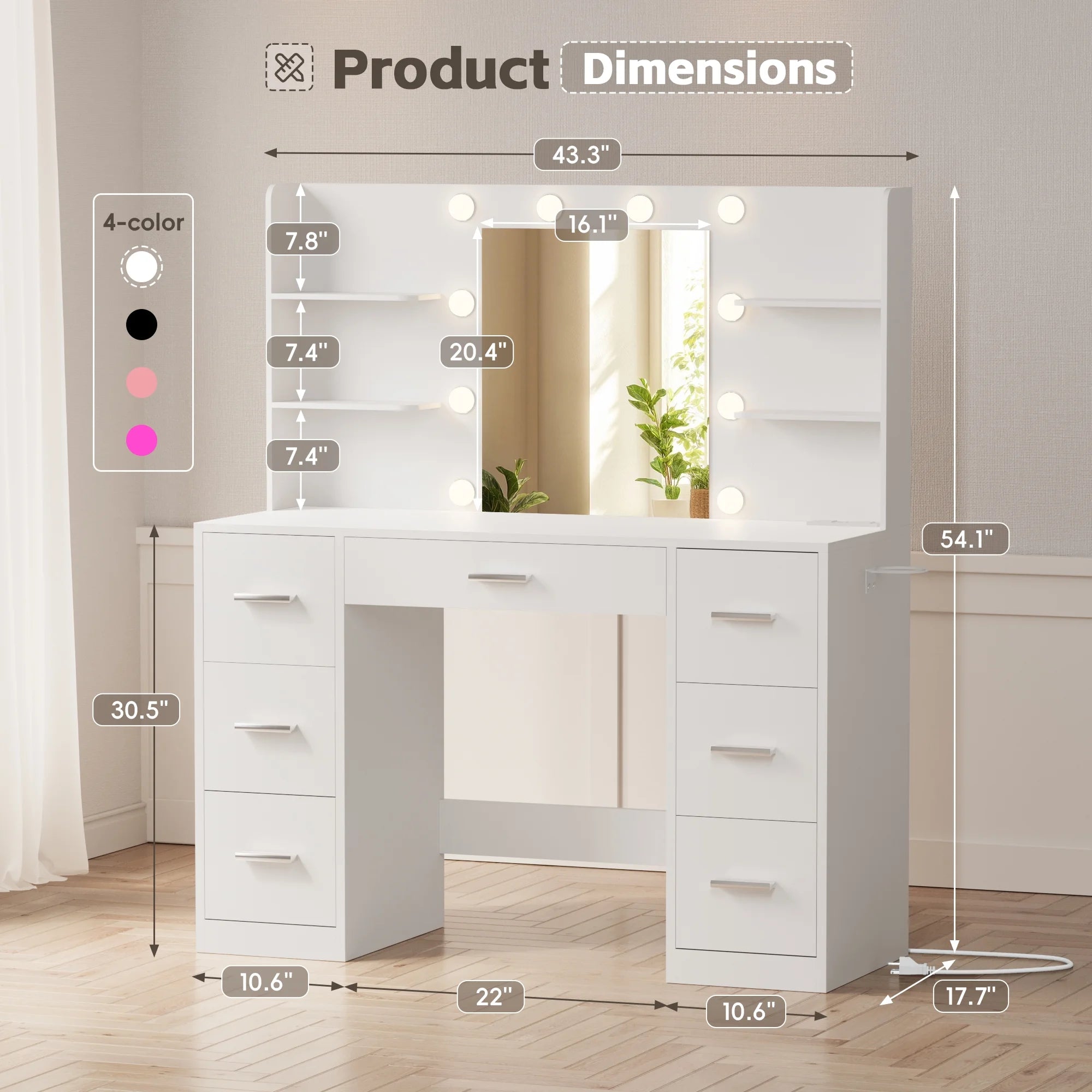 Lacoo Vanity Desk with Mirror and LED Lights, Makeup Vanity with 7 Drawers & 4 Shelves, Vanity Table with Power Outlet for Bedroom Dressing Room, White