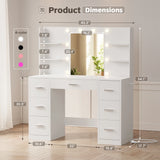 Lacoo Vanity Desk with Mirror and LED Lights, Makeup Vanity with 7 Drawers & 4 Shelves, Vanity Table with Power Outlet for Bedroom Dressing Room, White
