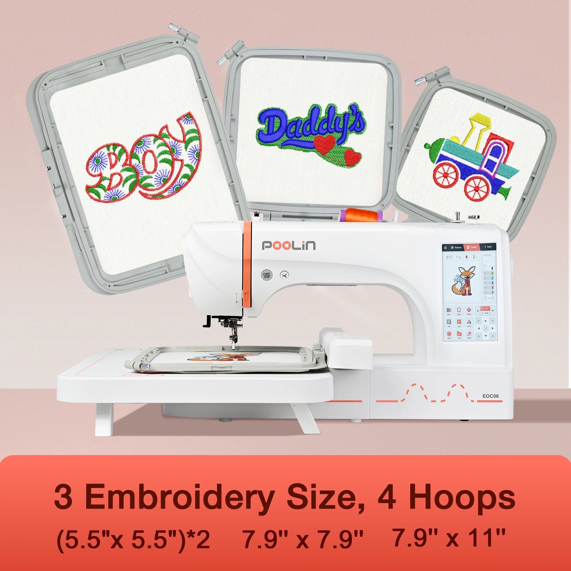 Poolin EOC05 Embroidery Machine 4x9.25" Area, 7" Touch Screen with kit