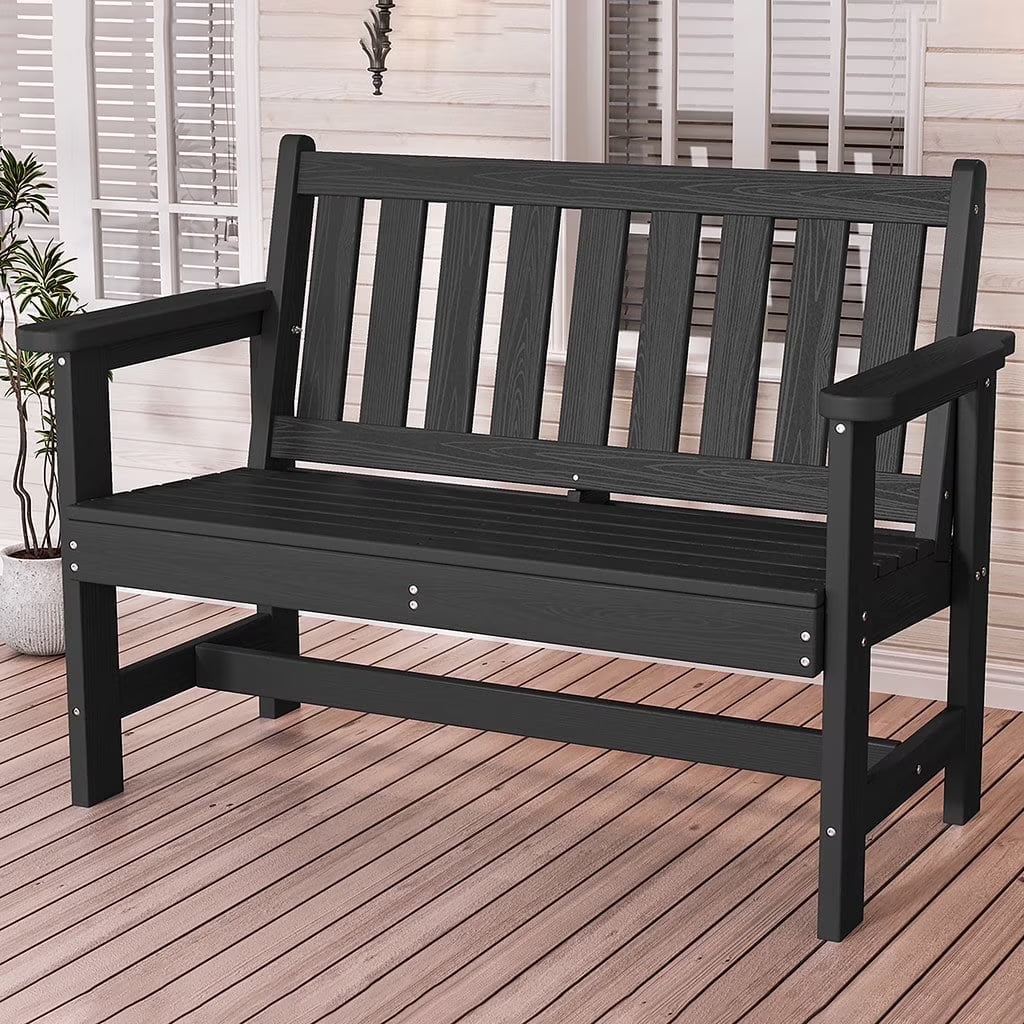 Outdoor Bench for 2-Person, Weather-Resistant HDPE with Aluminum Reinforcement, Supports 660 lbs, Comfortable Seating for Patio, Garden, and Porch, Black