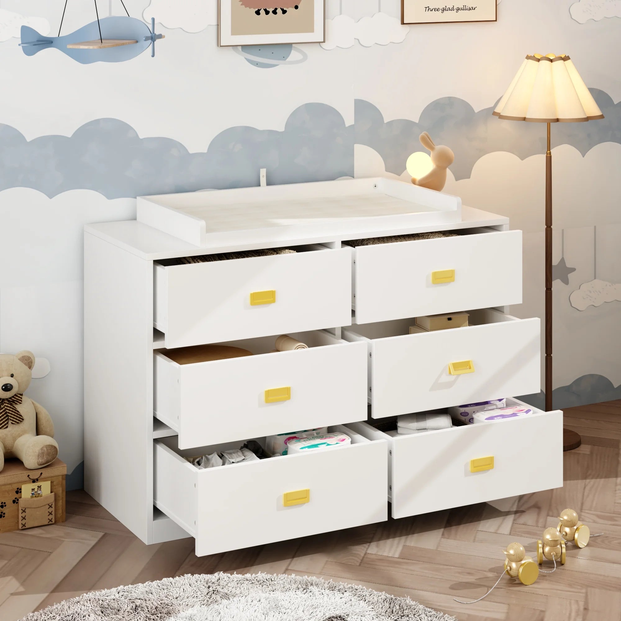 OXYLIFE 45" Baby Nursery Changing Table Dresser with 4 Drawers and Shelf for Nursery Room, White