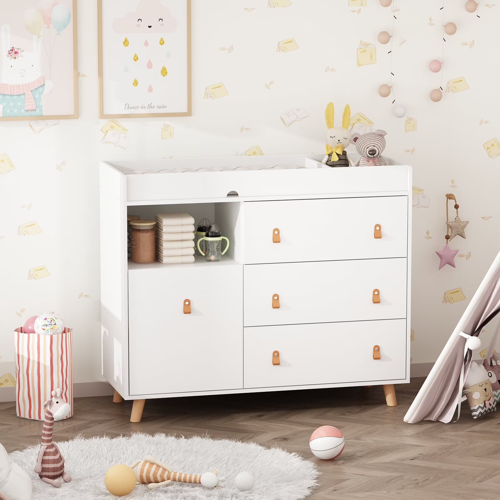 OXYLIFE 45" Baby Nursery Changing Table Dresser with 4 Drawers and Shelf for Nursery Room, White