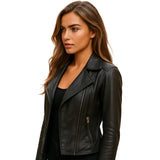 Asymmetrical Biker Black Leather Jacket for women