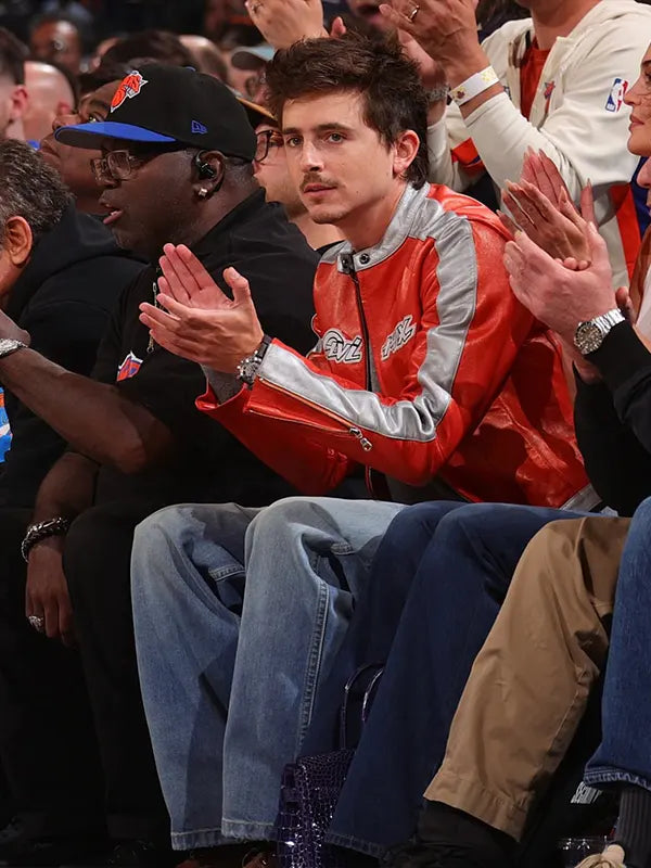 Timothee Chalamet Knicks 2026 Playoffs Avirex Leather Jacket