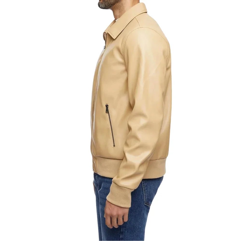 Men’s Beige Shirt Style Bomber Leather Jacket