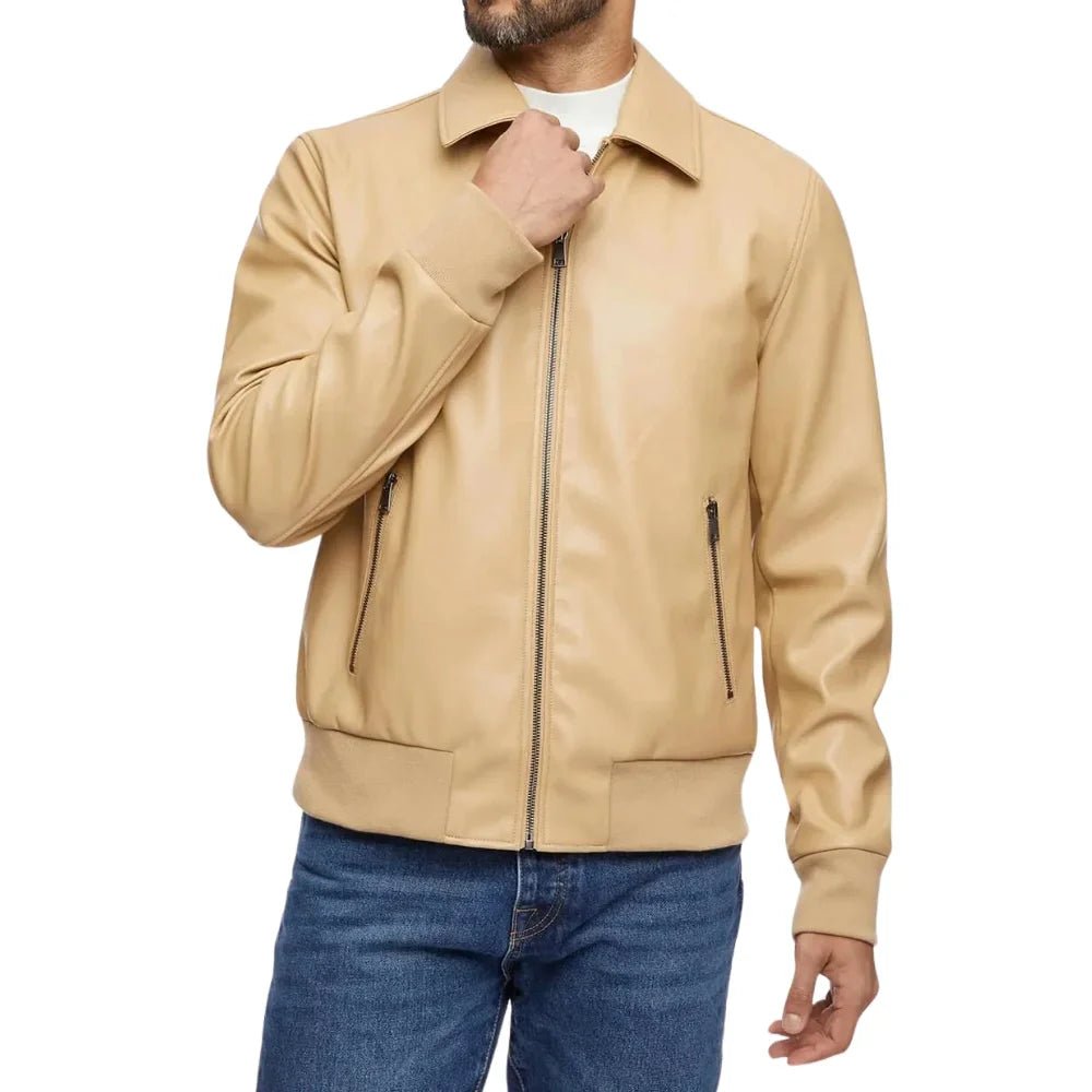 Men’s Beige Shirt Style Bomber Leather Jacket
