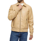 Men’s Beige Shirt Style Bomber Leather Jacket