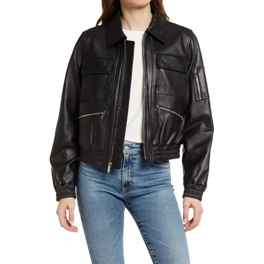 Womens Black Bomber Leather Jacket